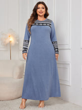 Honey Plus Size Printed Round Neck Long Sleeve Dress Dusty Blue OutfitFlow